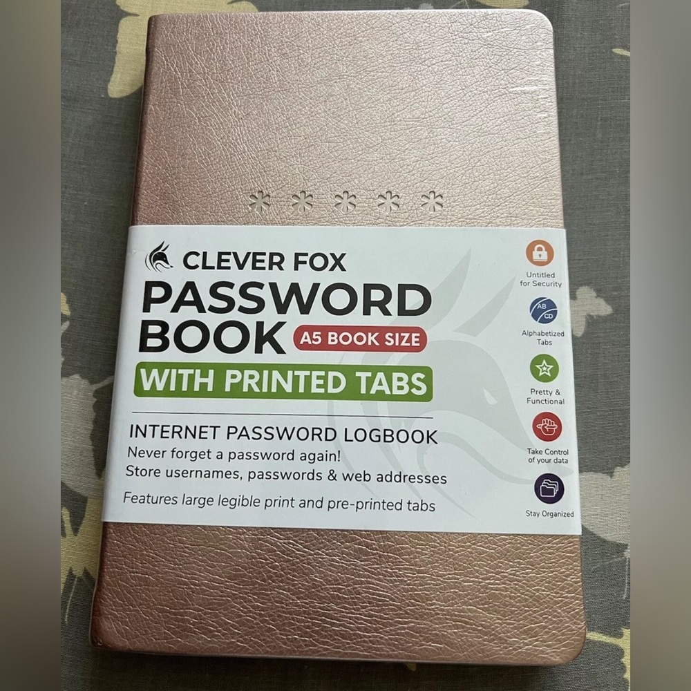 Clever Fox Password Book w/ Printed Tabs, A5 Book Size, Rose Gold
